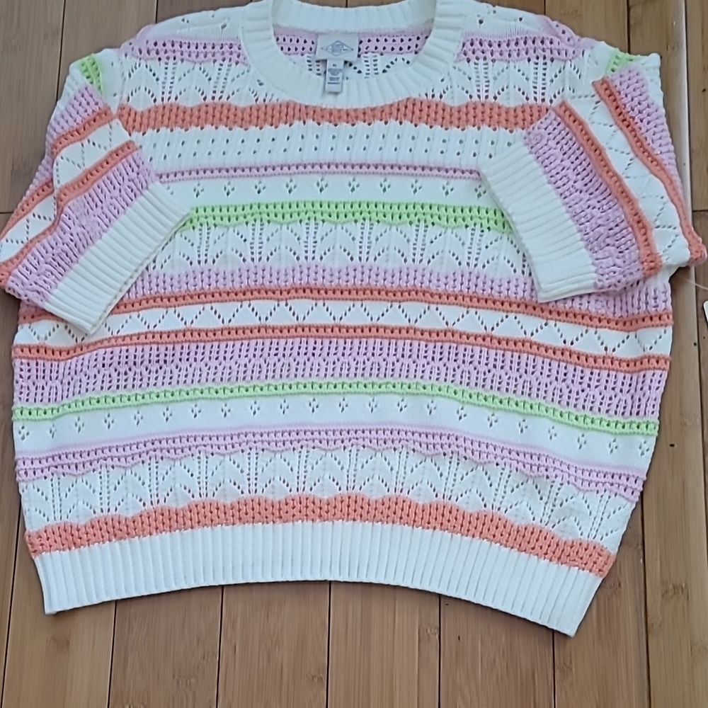 Knit Top Stripe Pastel Mix Pattern Summer Spring Colors Short Sleeve SZ XL